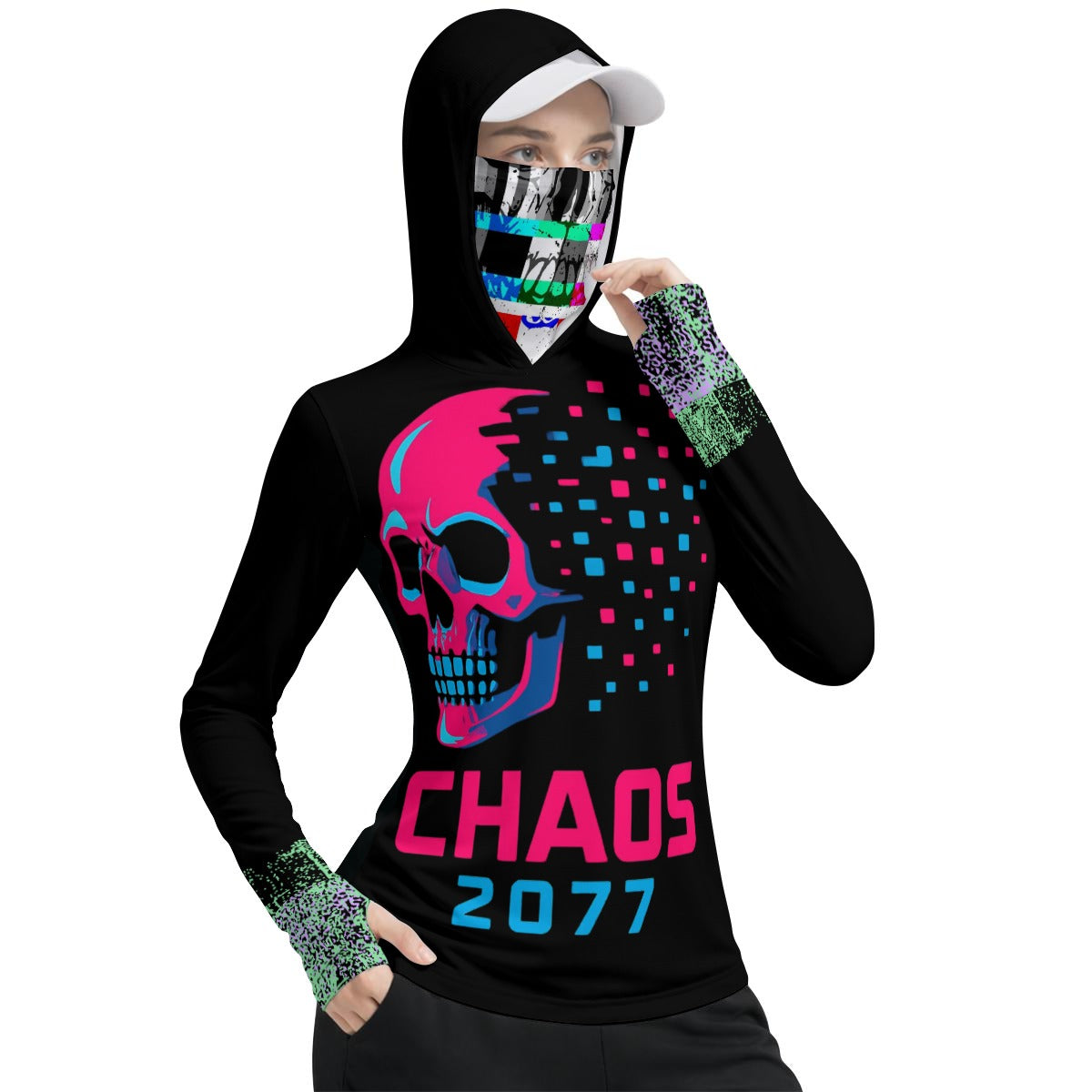 Damska Koszulka Cyberpunkowa z Kapturem i Maską| Chaos 2077 Glicht Netrunner Outfit