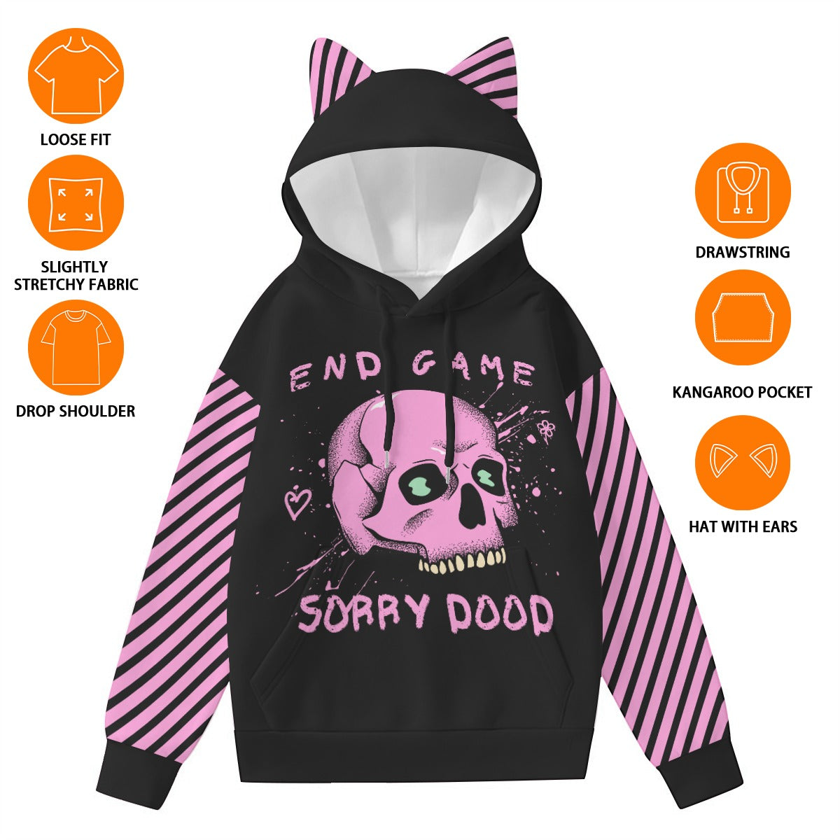 'End Game' Cat Ear Hoodie | E-Girl Pink Skull Hoodie