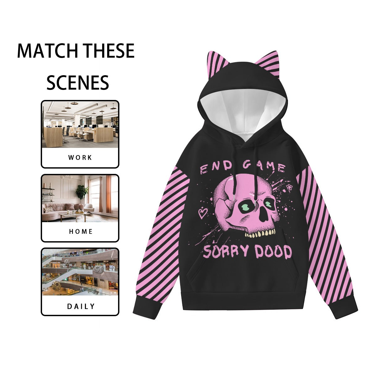 'End Game' Cat Ear Hoodie | E-Girl Pink Skull Hoodie