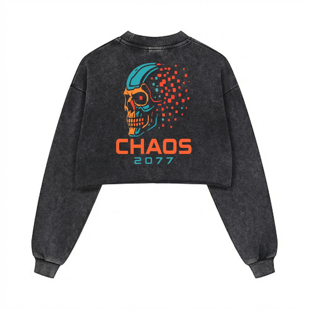 Damska Cyberpunkowa Bluza Crop | Chaos 2077 Cyberpunk Skull
