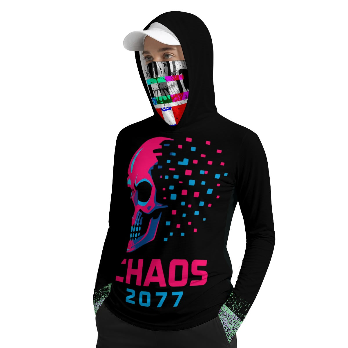 Damska Koszulka Cyberpunkowa z Kapturem i Maską| Chaos 2077 Glicht Netrunner Outfit