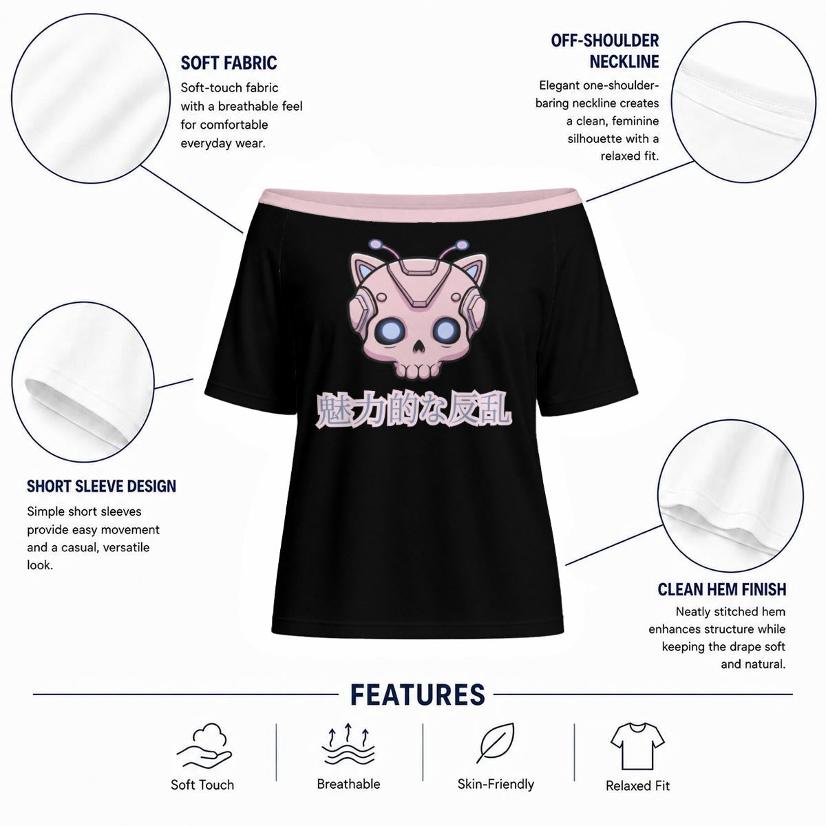 Cyberpunk Women's Off-Shoulder T-Shirt | Kawaii Rebellion