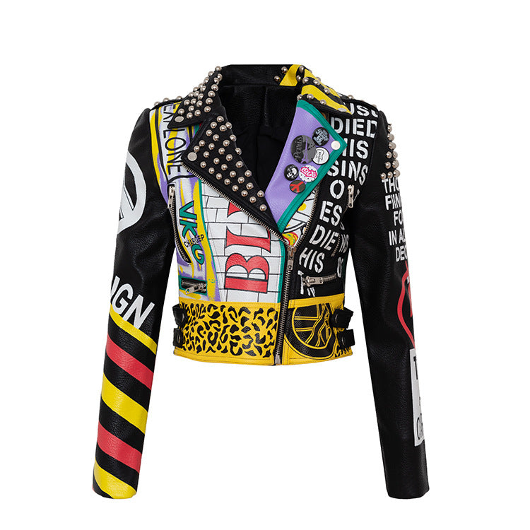 Cyberpunkowa Damska Kurtka Crop w stylu Cyber-Kitch | Neon Love & Pastel Freedom | PU