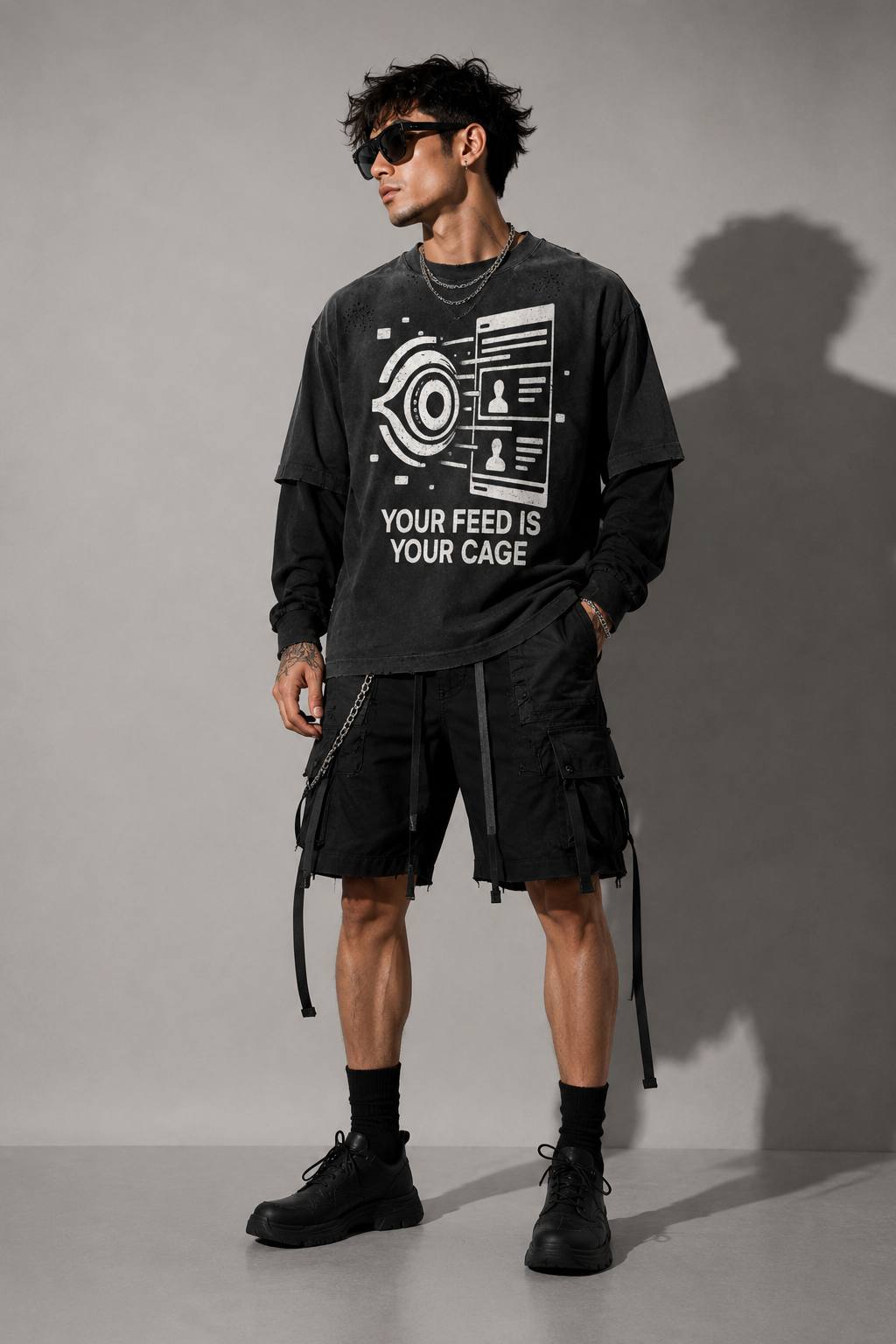 Techwear Dystopian Long-Sleeve T-Shirt | Your Feed is Your Cage