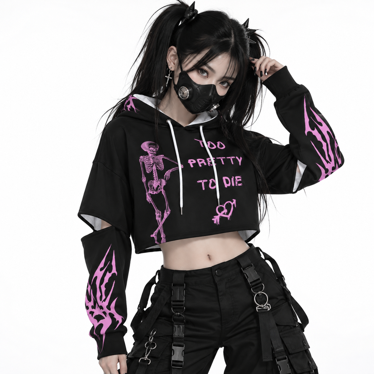 E-Girl Crop Hoodie 'Too Pretty To Die' | Pink Cyber Tribal Edition