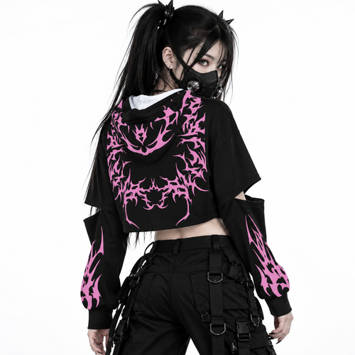 E-Girl Crop Hoodie 'Too Pretty To Die' | Pink Cyber Tribal Edition