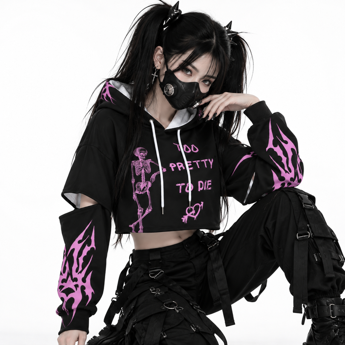 E-Girl Crop Hoodie 'Too Pretty To Die' | Pink Cyber Tribal Edition