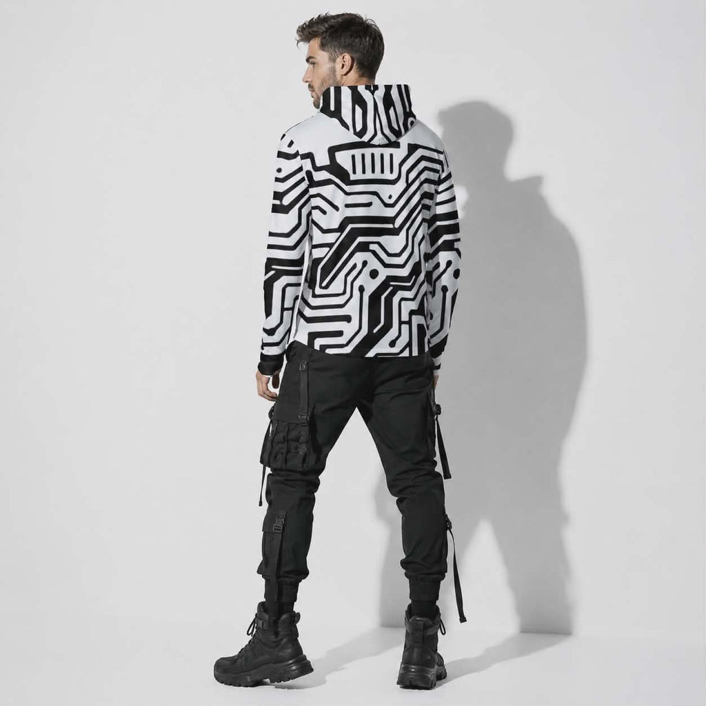 Cyberpunkowa Techniczna Bluza Anti-UV TechwearCore | White-Black Digital Pattern