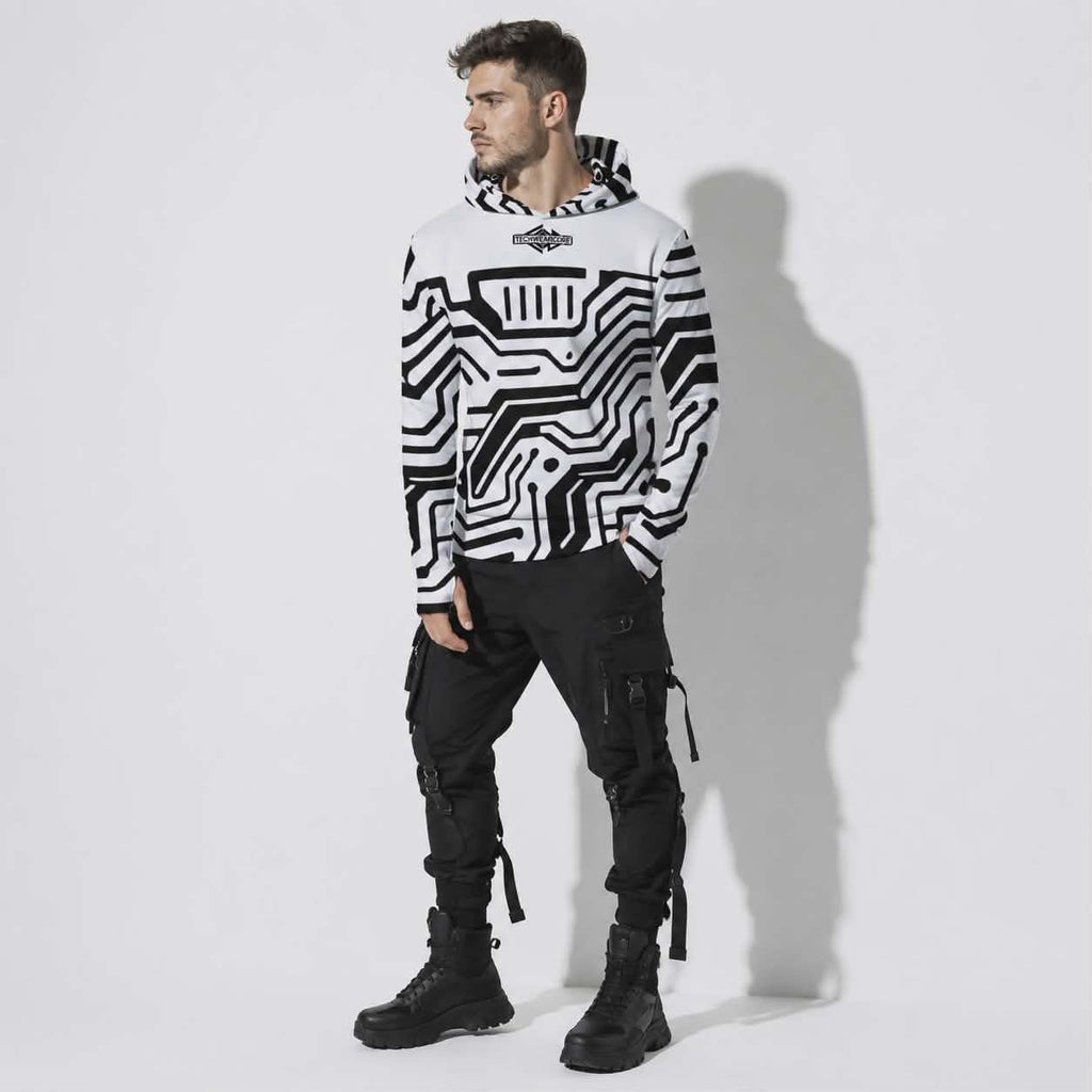 Cyberpunkowa Techniczna Bluza Anti-UV TechwearCore | White-Black Digital Pattern