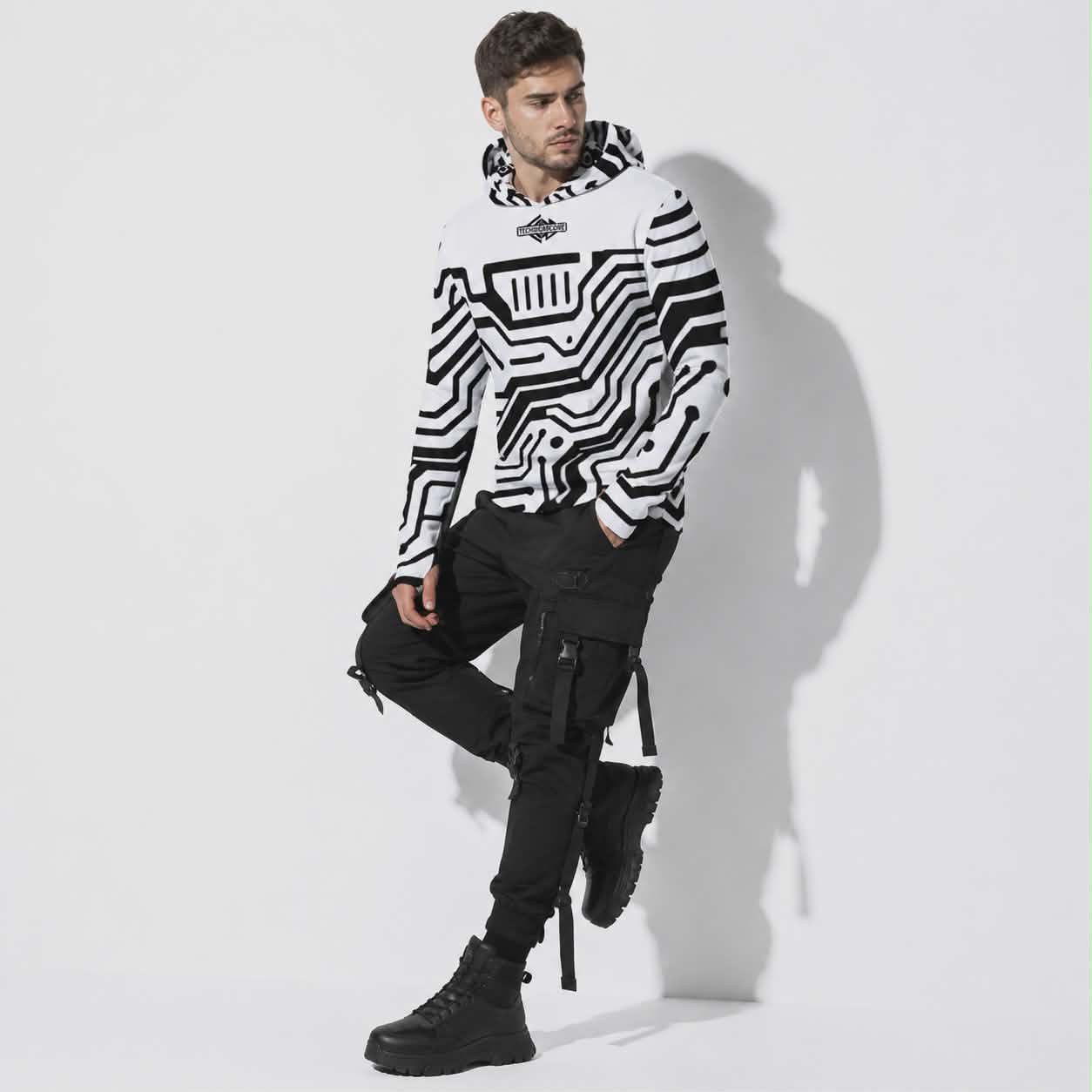 Cyberpunkowa Techniczna Bluza Anti-UV TechwearCore | White-Black Digital Pattern