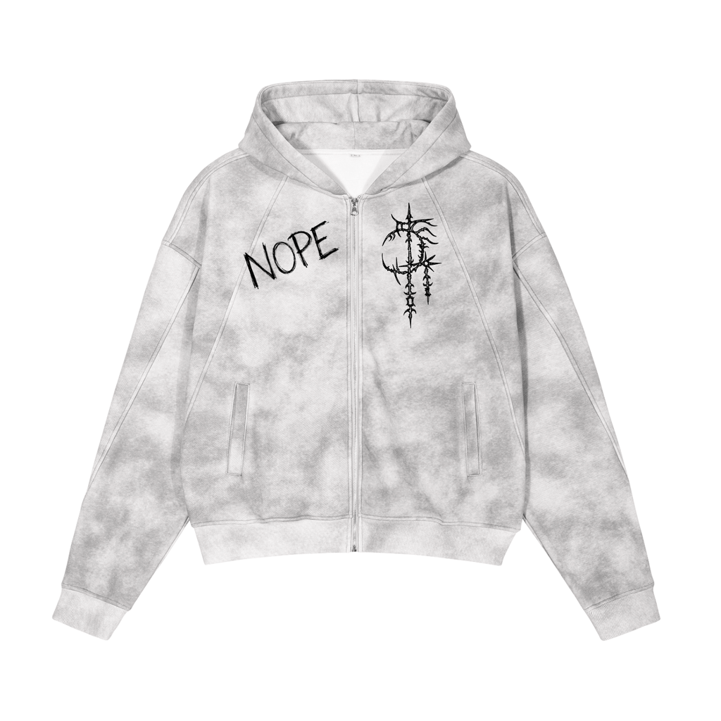 Acid Wash Zip-Up Hoodie 'The War Never Ended' | Dystopian Streetwear